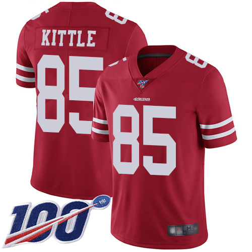 49ers #85 George Kittle Red Team Color Youth Stitched 100th Season Vapor Limited Jersey