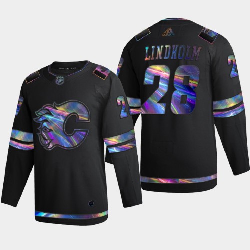 Calgary Calgary Flames #28 Elias Lindholm Men's Iridescent Holographic Collection Jersey - Black Men's