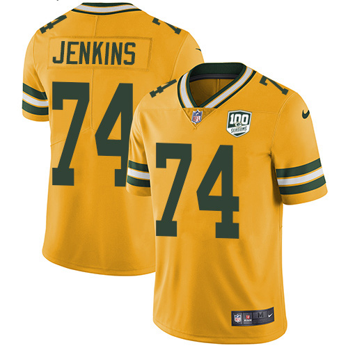 Green Bay Packers #74 Elgton Jenkins Yellow Men's 100th Season Stitched Limited Rush Jersey Men's
