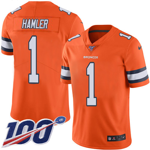 Broncos #1 KJ Hamler Orange Men's Stitched Limited Rush 100th Season Jersey