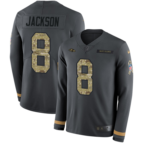 Ravens #8 Lamar Jackson Anthracite Salute To Service Men's Stitched Limited Therma Long Sleeve Jersey