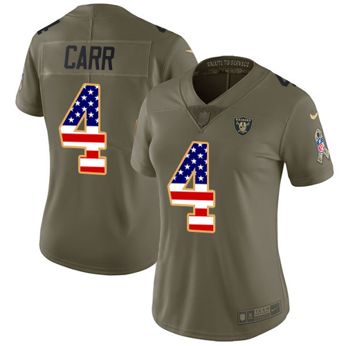 Raiders #4 Derek Carr Olive/USA Flag Women's Stitched Limited 2017 Salute To Service Jersey