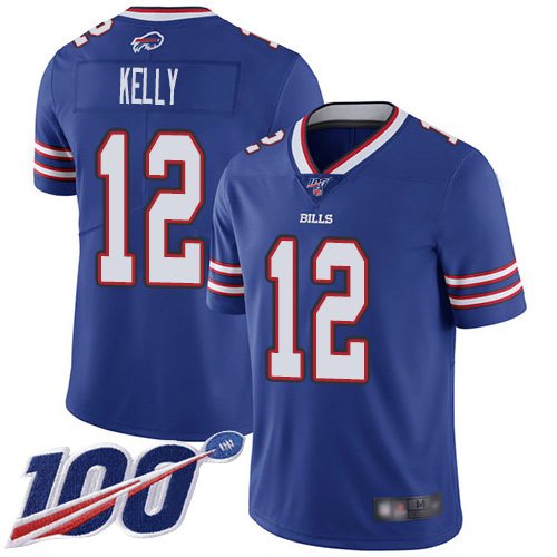 Bills #12 Jim Kelly Royal Blue Team Color Men's Stitched 100th Season Vapor Limited Jersey