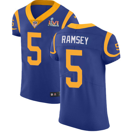 Rams #5 Jalen Ramsey Royal Blue Alternate Super Bowl LVI Patch Men's Stitched Vapor Untouchable Elite Jersey