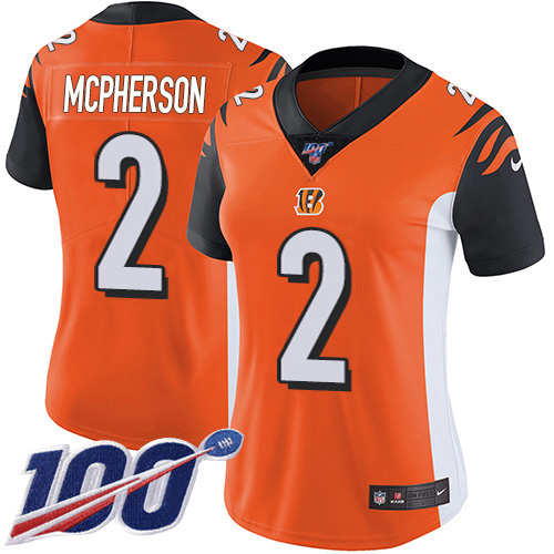 Bengals #2 Evan McPherson Orange Alternate Women's Stitched 100th Season Vapor Untouchable Limited Jersey