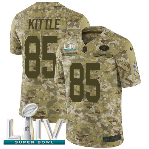 49ers #85 George Kittle Camo Super Bowl LIV 2020 Youth Stitched Limited 2018 Salute To Service Jersey