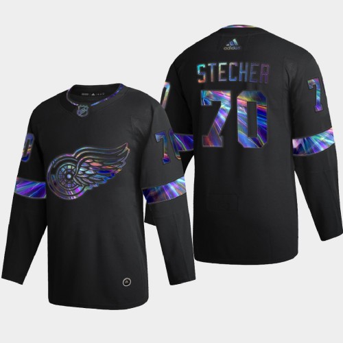 Detroit Detroit Red Wings #70 Troy Stecher Men's Iridescent Holographic Collection Jersey - Black Men's