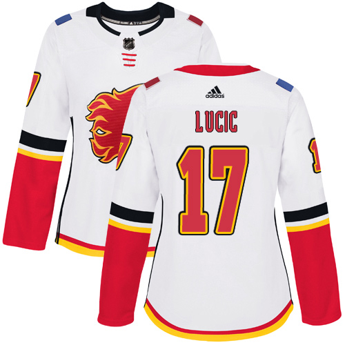 Adidas Calgary Flames #17 Milan Lucic White Road Authentic Women's Stitched Jersey Womens