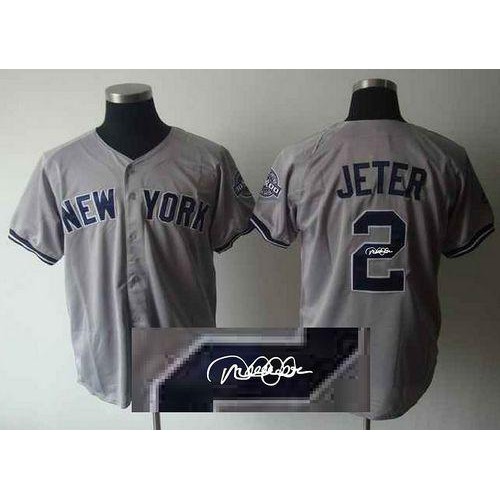 New York Yankees #2 Derek Jeter Grey Autographed Stitched Jersey Men's