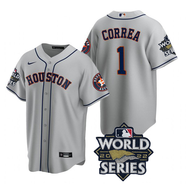 Houston Astros #1 Carlos Correa Men's 150th Anniversary 2022 World Series Game Jersey - Gray