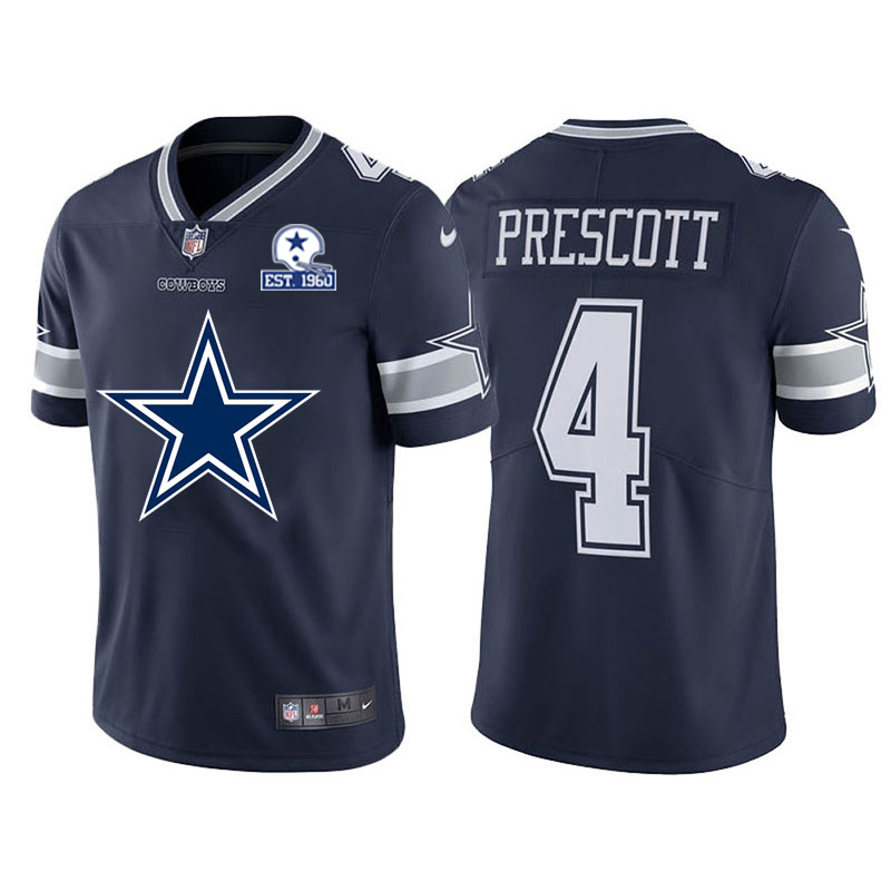 Dallas Cowboys #4 Dak Prescott Navy Blue Men's Big Team Logo With Established In 1960 Patch Vapor Limited Jersey