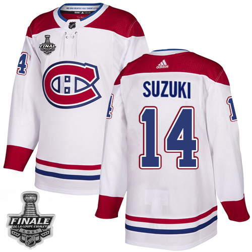 Adidas Montreal Canadiens #14 Nick Suzuki White Road Authentic 2021 Stanley Cup Final Patch Jersey Men's