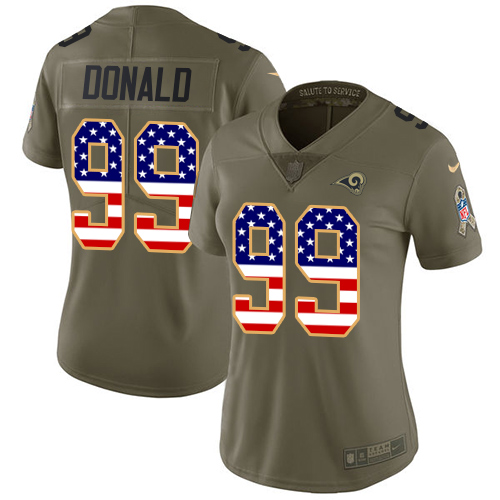 Rams #99 Aaron Donald Olive/USA Flag Women's Stitched Limited 2017 Salute To Service Jersey