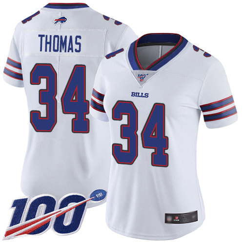 Buffalo Bills #34 Thurman Thomas White Women's Stitched 100th Season Vapor Limited Jersey Womens