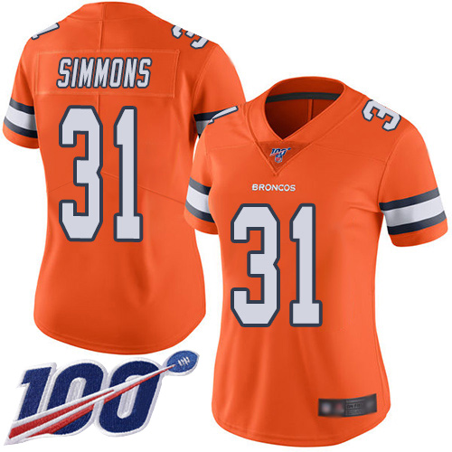 Broncos #31 Justin Simmons Orange Women's Stitched Limited Rush 100th Season Jersey