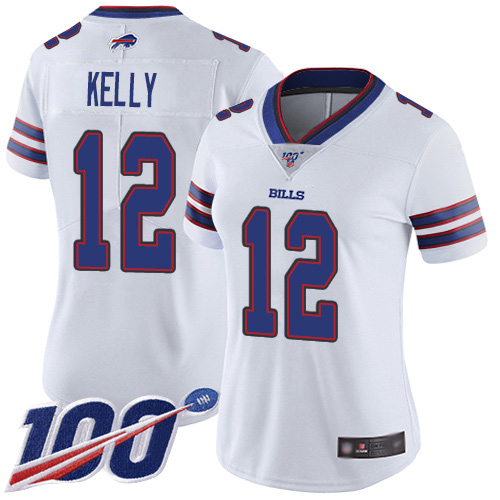 Bills #12 Jim Kelly White Women's Stitched 100th Season Vapor Limited Jersey