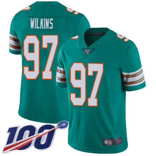 Miami Dolphins #97 Christian Wilkins Aqua Green Alternate Men's Stitched 100th Season Vapor Limited Jersey Men's