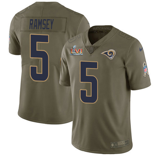 Rams #5 Jalen Ramsey Olive Super Bowl LVI Patch Men's Stitched Limited 2017 Salute To Service Jersey