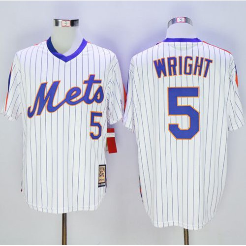 Mitchell And Ness New York Mets #5 David Wright White(Blue Strip) Throwback Stitched Jersey Men's