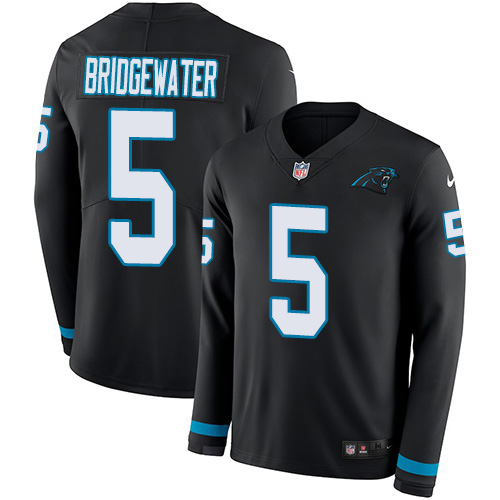 Carolina Panthers #5 Teddy Bridgewater Black Team Color Men's Stitched Limited Therma Long Sleeve Jersey Men's
