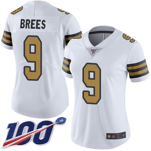 Saints #9 Drew Brees White Women's Stitched Limited Rush 100th Season Jersey
