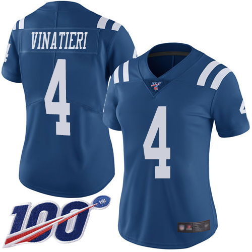 Indianapolis Colts #4 Adam Vinatieri Royal Blue Women's Stitched Limited Rush 100th Season Jersey Womens
