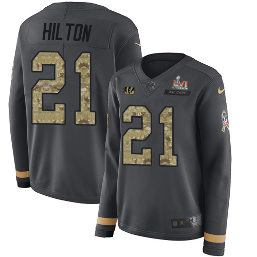 Cincinnati Bengals #21 Mike Hilton Anthracite Super Bowl LVI Patch Salute to Service Women's Stitched Limited Therma Long Sleeve Jersey Womens
