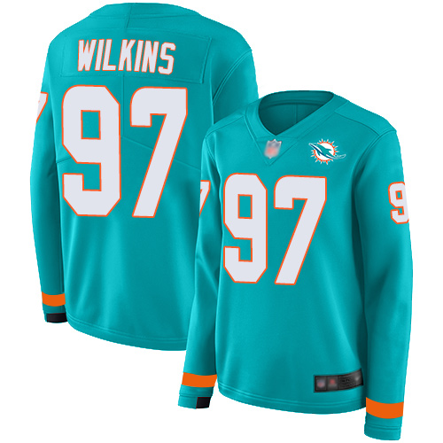 Miami Dolphins #97 Christian Wilkins Aqua Green Team Color Women's Stitched Limited Therma Long Sleeve Jersey Womens