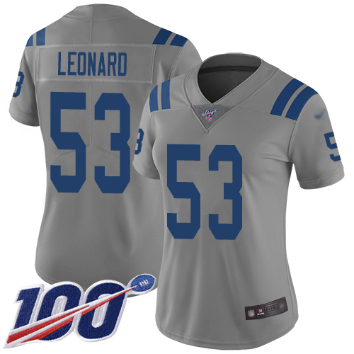 Indianapolis Colts #53 Darius Leonard Gray Women's Stitched Limited Inverted Legend 100th Season Jersey Womens
