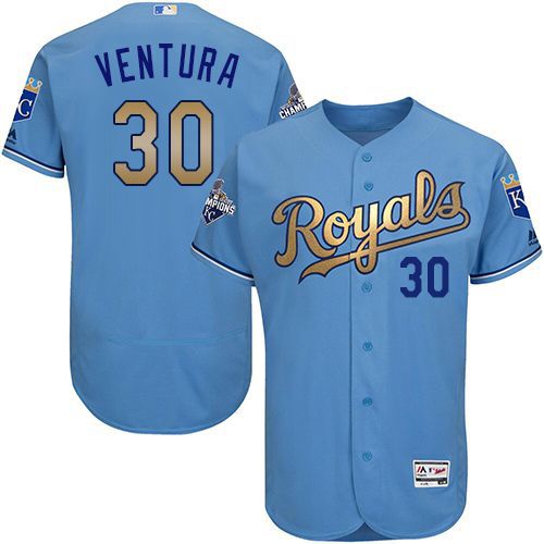 Kansas City Royals #30 Yordano Ventura Light Blue FlexBase Authentic 2015 World Series Champions Gold Program Stitched Jersey Men's