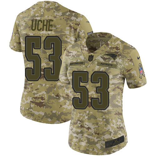 New England Patriots #53 Josh Uche Camo Women's Stitched Limited 2018 Salute To Service Jersey Womens
