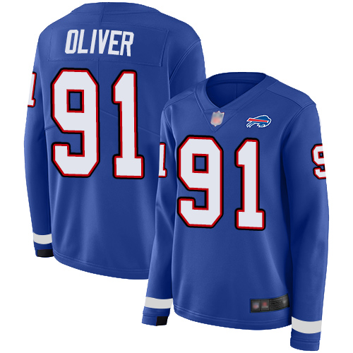 Buffalo Bills #91 Ed Oliver Royal Blue Team Color Women's Stitched Limited Therma Long Sleeve Jersey Womens