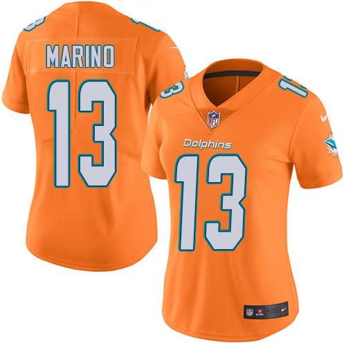 Dolphins #13 Dan Marino Orange Women's Stitched Limited Rush Jersey