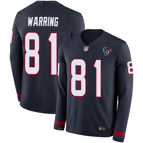 Houston Texans #81 Kahale Warring Navy Blue Team Color Men's Stitched Limited Therma Long Sleeve Jersey Men's