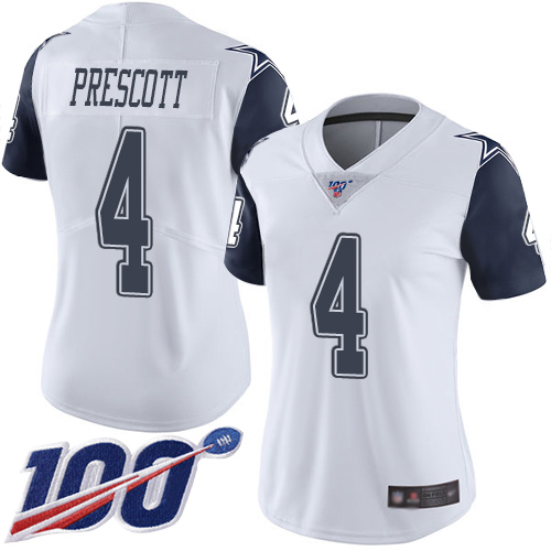 Cowboys #4 Dak Prescott White Women's Stitched Limited Rush 100th Season Jersey