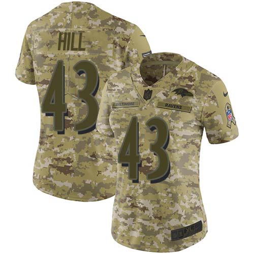 Baltimore Ravens #43 Justice Hill Camo Women's Stitched Limited 2018 Salute To Service Jersey Womens