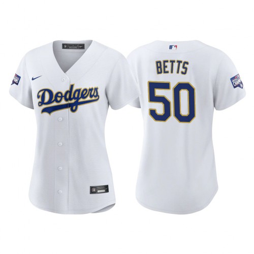 Los Angeles Los Angeles Dodgers #50 Mookie Betts Women's 2021 Gold Program World Series Champions Jersey Whtie Womens