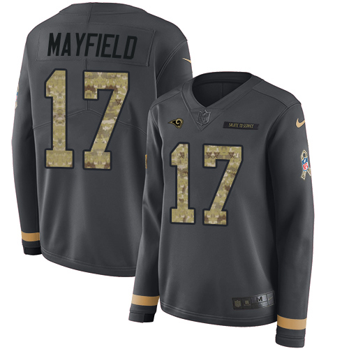 Rams #17 Baker Mayfield Anthracite Salute To Service Women's Stitched Limited Therma Long Sleeve Jersey
