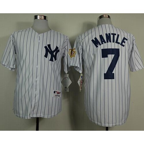 New York Yankees #7 Mickey Mantle White 75TH Throwback Stitched Jersey Men's