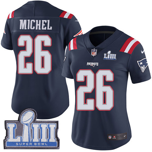New England Patriots #26 Sony Michel Navy Blue Super Bowl LIII Bound Women's Stitched Limited Rush Jersey Womens