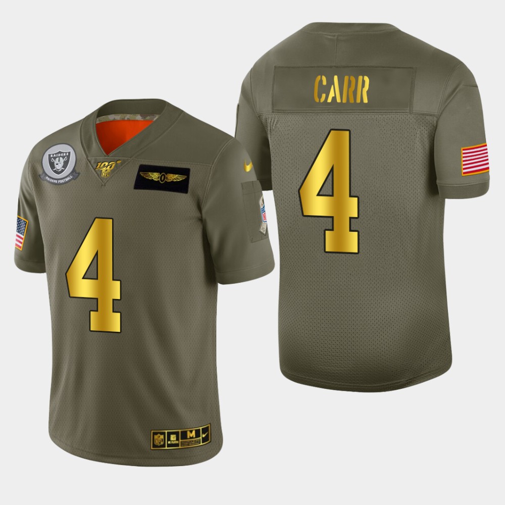 Raiders #4 Derek Carr Men's Olive Gold 2019 Salute To Service Limited 100 Jersey