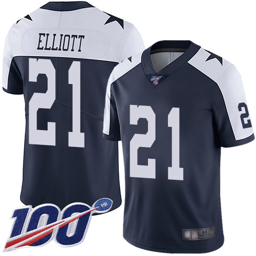 Cowboys #21 Ezekiel Elliott Navy Blue Thanksgiving Youth Stitched 100th Season Vapor Throwback Limited Jersey