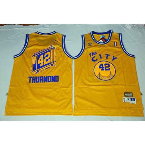 Golden State Warriors #42 Nate Thurmond Gold Throwback The City Stitched Jersey Mens