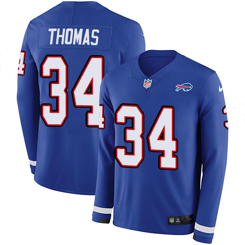Buffalo Bills #34 Thurman Thomas Royal Blue Team Color Men's Stitched Limited Therma Long Sleeve Jersey Men's