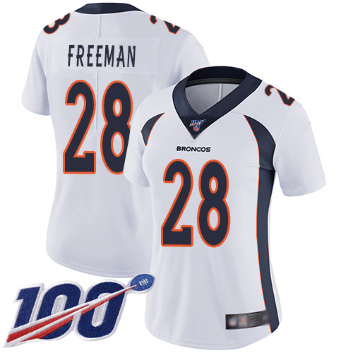 Denver Broncos #28 Royce Freeman White Women's Stitched 100th Season Vapor Limited Jersey Womens
