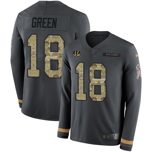 Cincinnati Bengals #18 A.J. Green Anthracite Salute to Service Men's Stitched Limited Therma Long Sleeve Jersey Men's