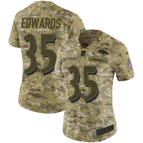 Baltimore Ravens #35 Gus Edwards Camo Women's Stitched Limited 2018 Salute To Service Jersey Womens