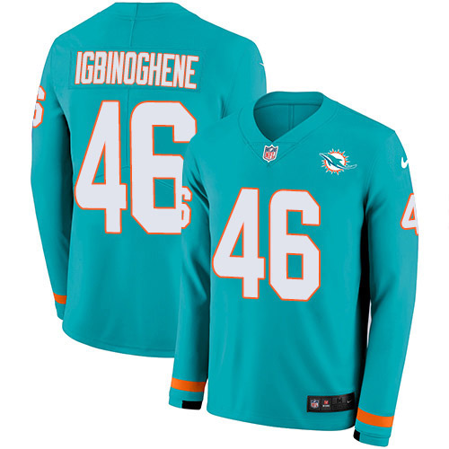 Miami Dolphins #46 Noah Igbinoghene Aqua Green Team Color Men's Stitched Limited Therma Long Sleeve Jersey Men's