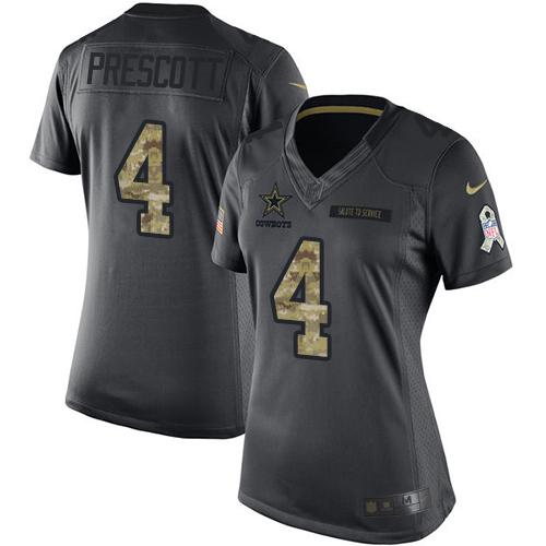 Cowboys #4 Dak Prescott Black Women's Stitched Limited 2016 Salute To Service Jersey