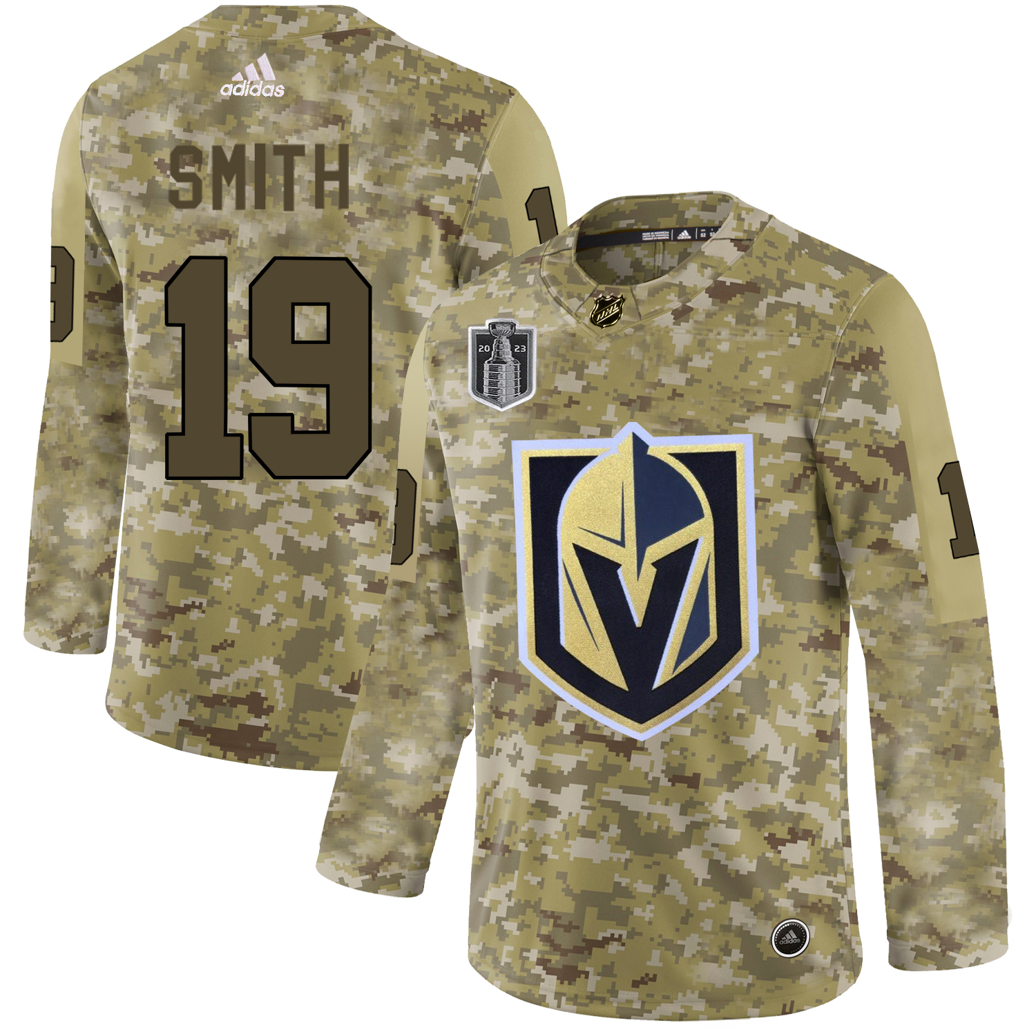 Adidas Golden Knights #19 Reilly Smith Camo Youth 2023 Stanley Cup Final Patch Authentic Stitched Jersey